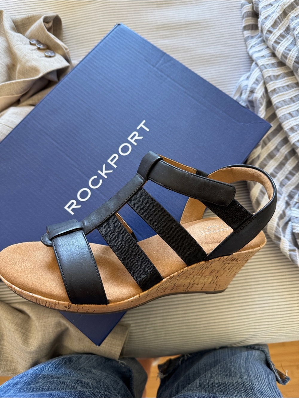 Rockport Black Strappy Cork Wedge Sandals - Picture 2 of 4
